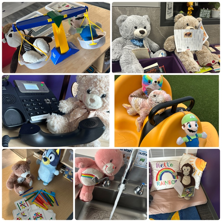 collage of teddy bear shenanigans during their overnight stay at preschool