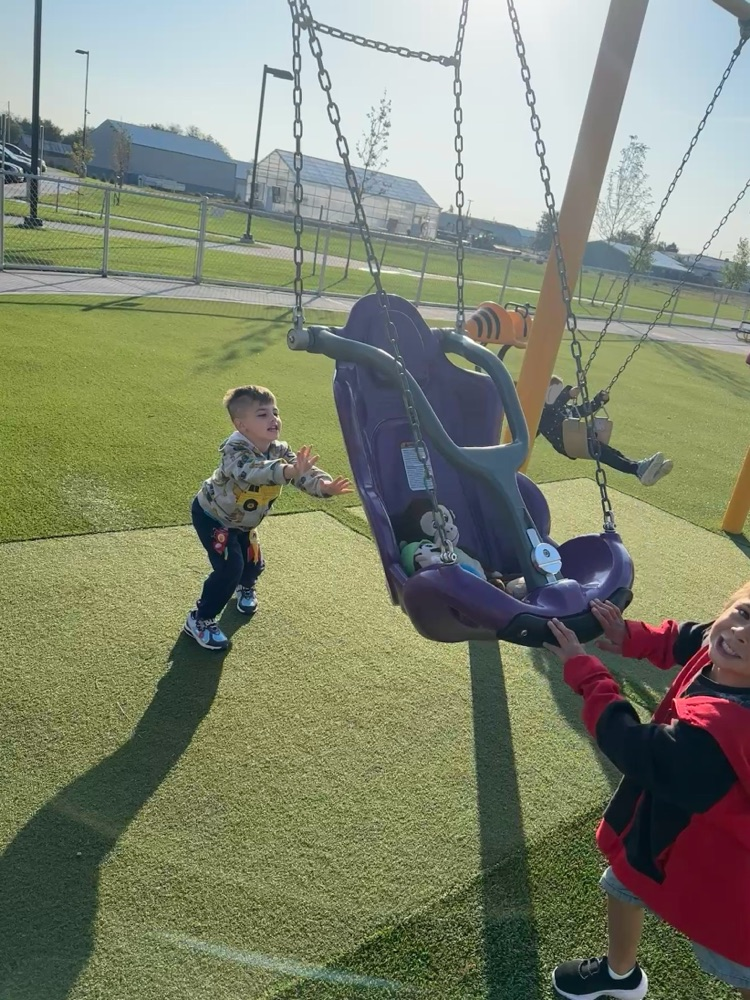 boys pushing teddy bears in swing