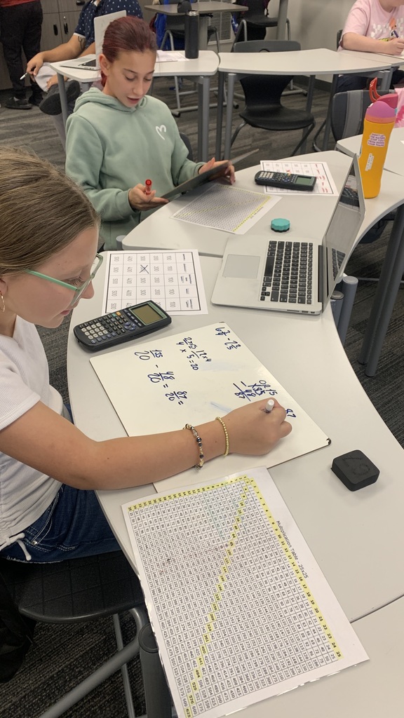 Up and personal! Two students using their times table to solve their problem on their whiteboard.