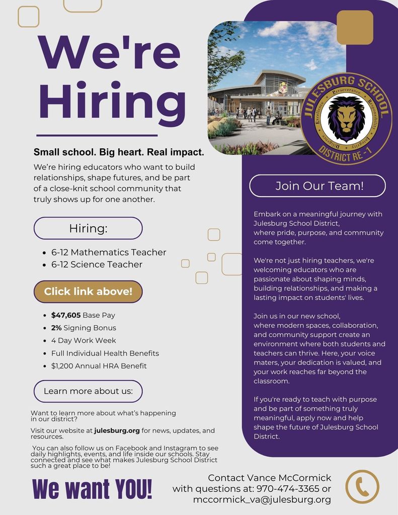 We are looking for a High School Math and Science teacher. Please let your friends and family know what Julesburg High School has to offer! Here is the link to apply: https://docs.google.com/document/d/1UbIZqc9KA_AygzKo9bRXS415yDS9RqEF/edit?usp=sharing&ouid=110988630752418005270&rtpof=true&sd=true