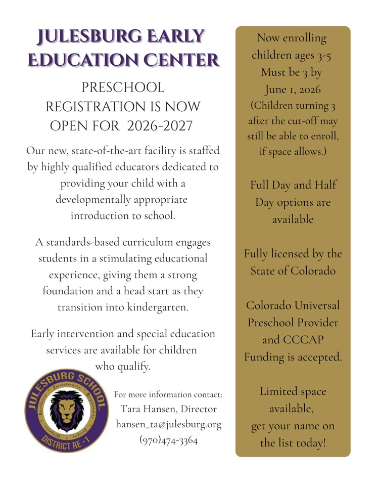 Julesburg Early Education Center enrollment flyer
