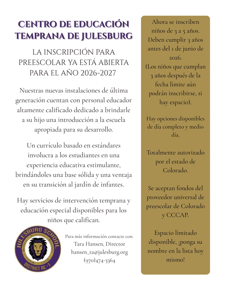 Julesburg Early Education Center enrollment flyer Spanish