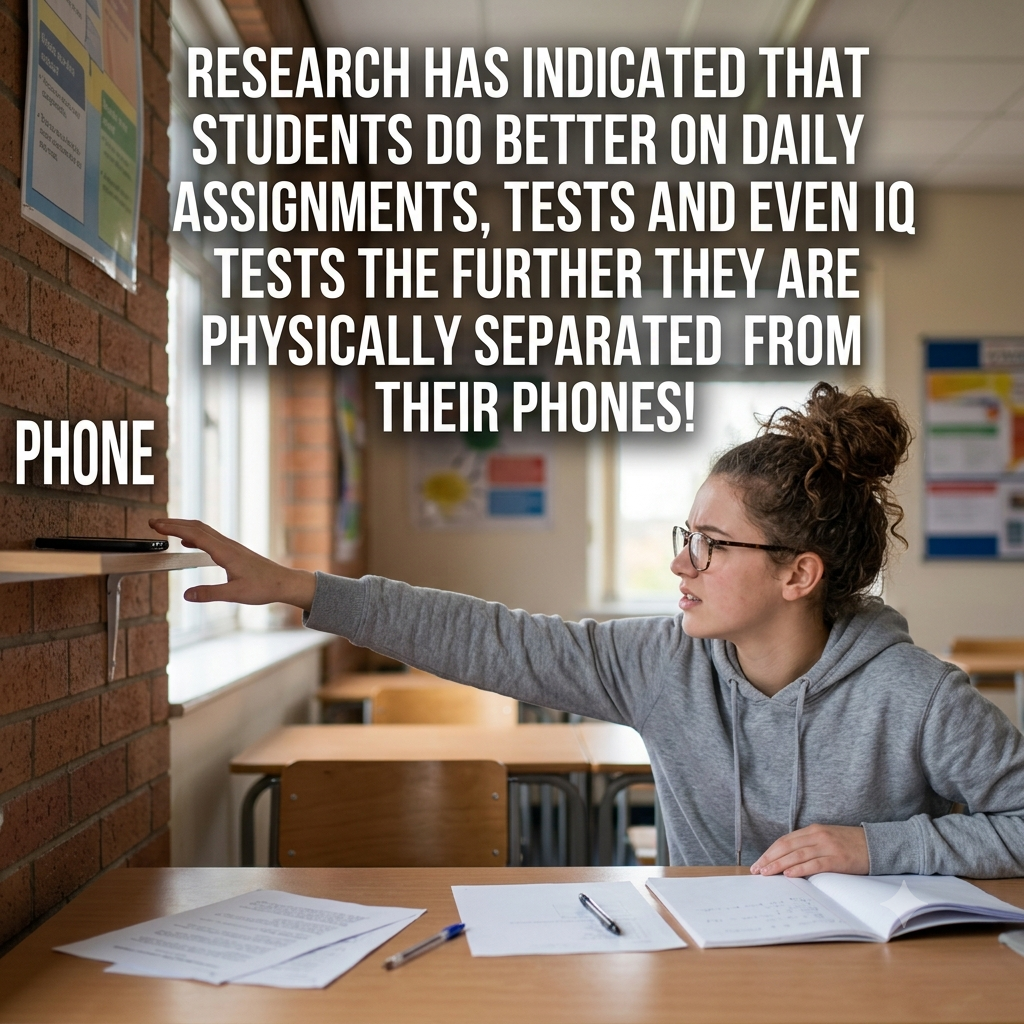 Student reaching for a cell phone that is out of reach