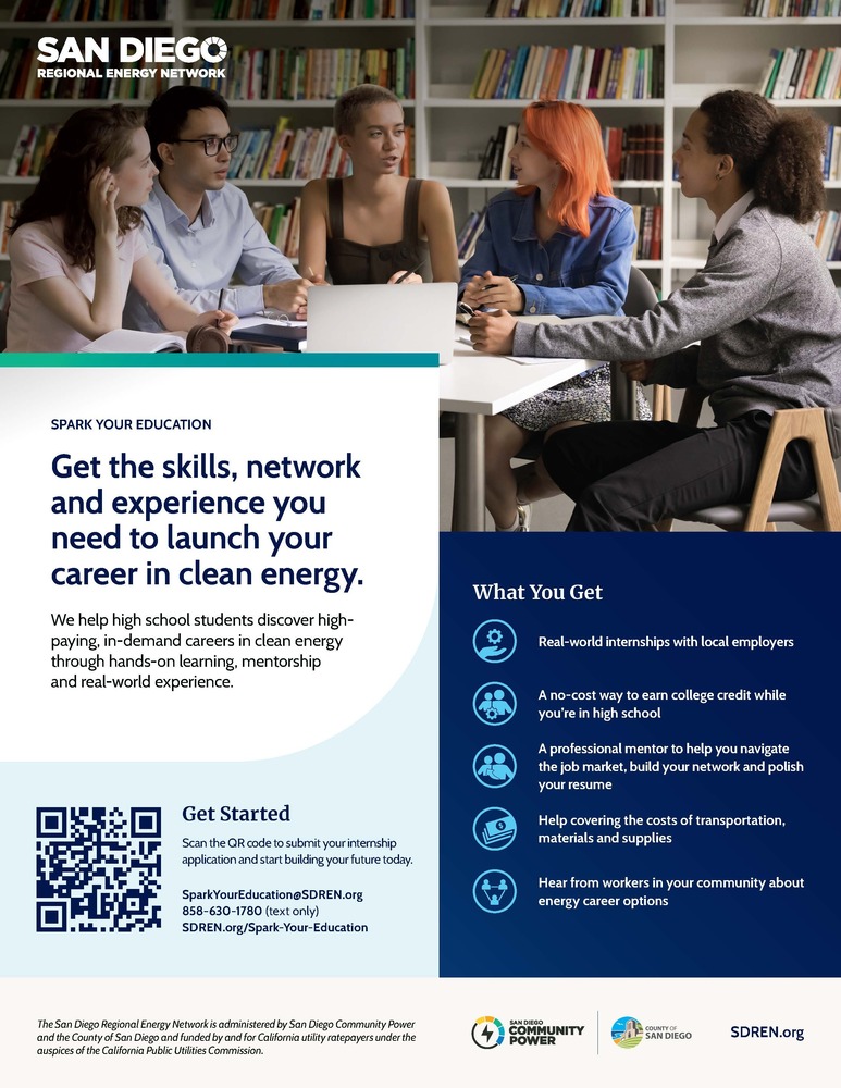 Image showing young people sitting at a table in a library. Flyer offers information on the SDREN Internship opportunity for high school students in grades 10-12. All flyer information is in the attached article.