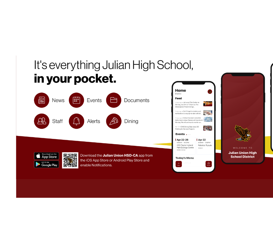 Advertisement for Julian Union HSD-CA smartphone app that says "It's everything Julian High School, in your pocket."