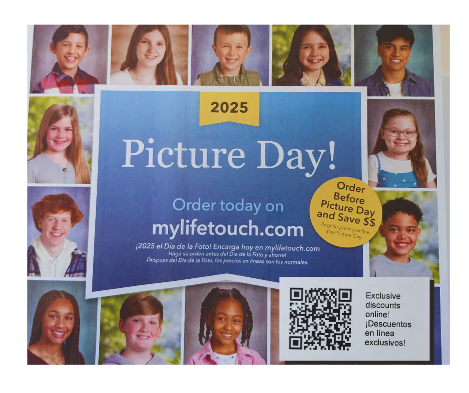 Image of a Picture Day flyer with a QR code to order pictures online.