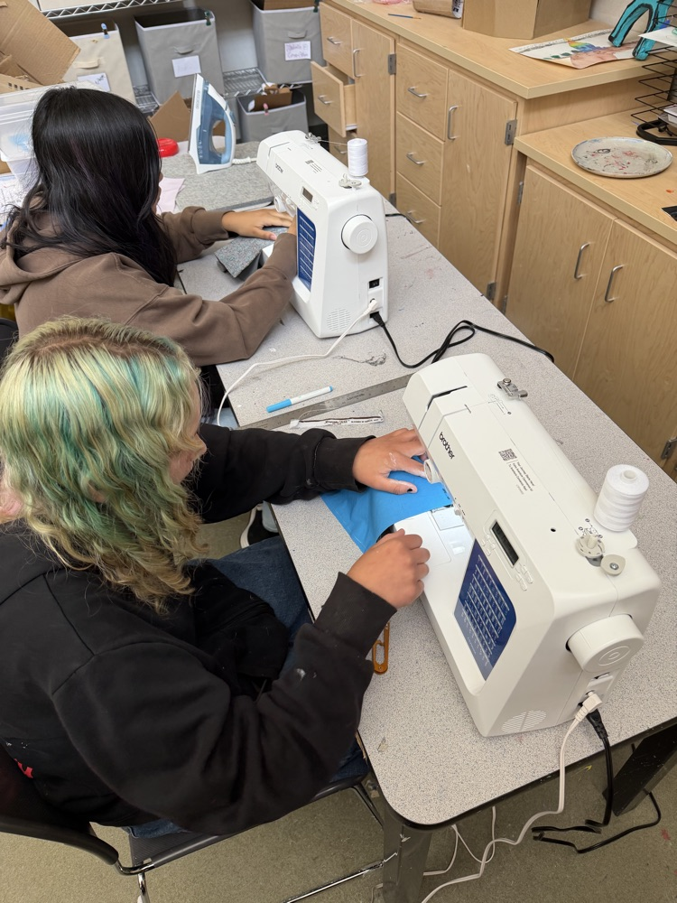 Two women seated at a table, each using a sewing machine. One has light green hair, the other dark. Wooden cabinets behind them.