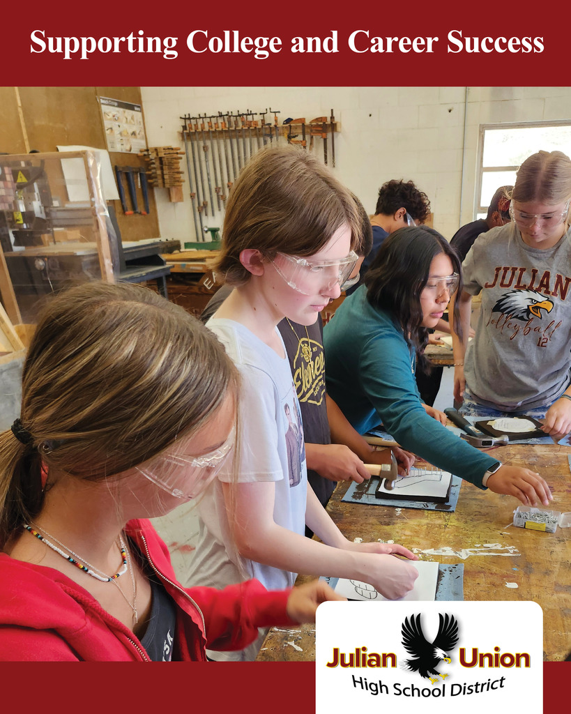 Several students in a workshop. Some are using tools on a workbench. Logo in lower right corner.