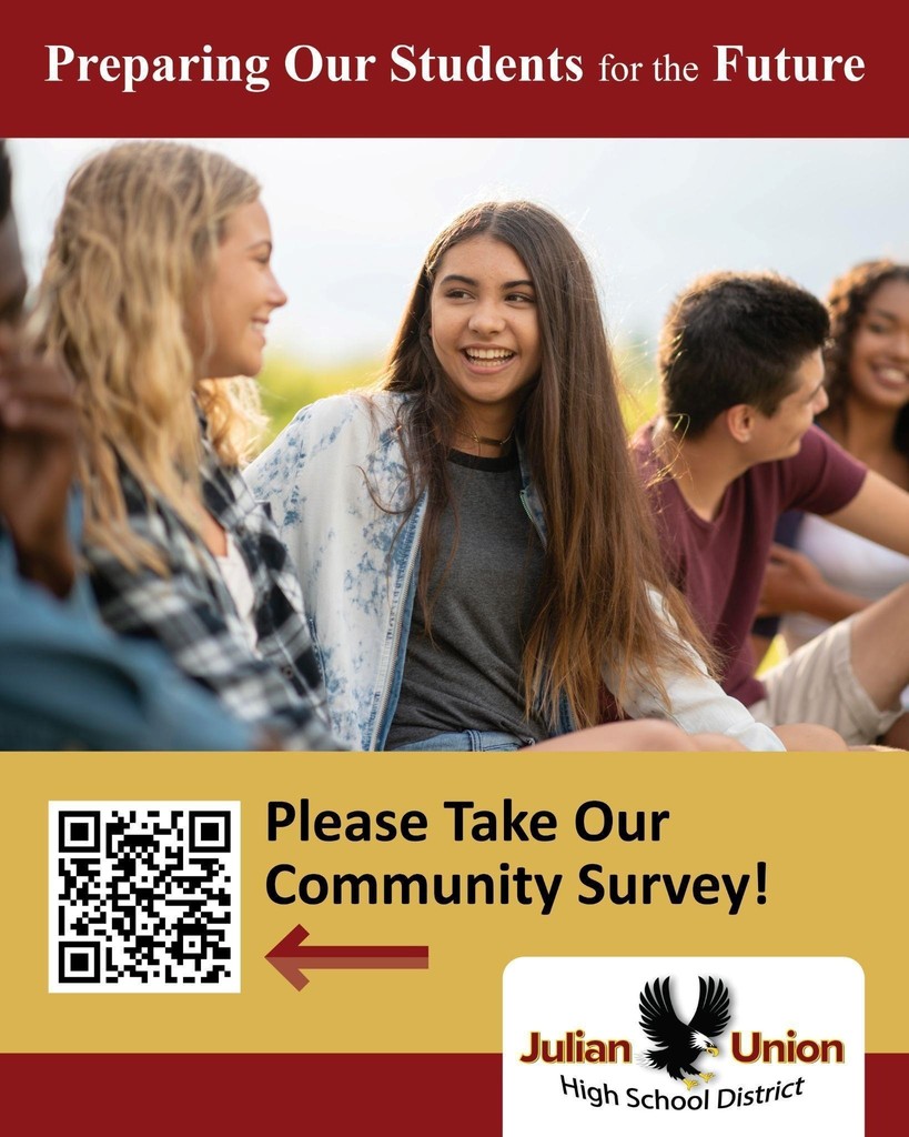 A flyer shows students sitting outside. Text reads "Preparing Our Students for the Future" and "Please Take Our Community Survey".