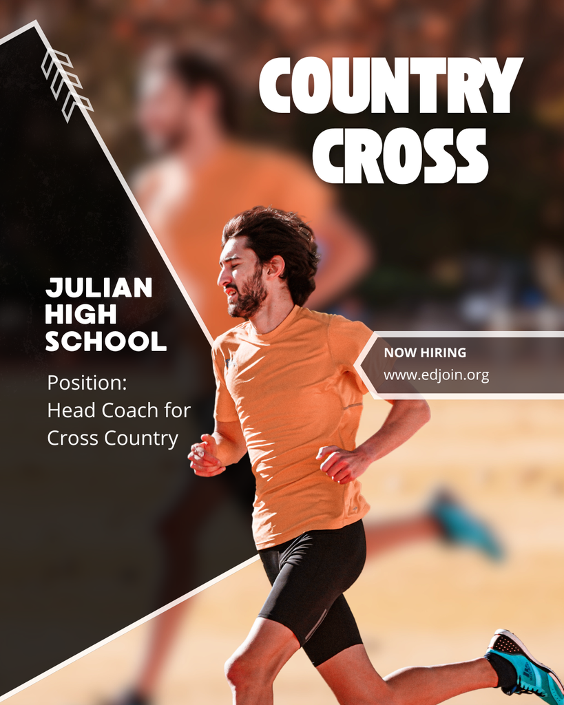 Image of a runner in an orange shirt with the words Cross Country at the top.  Julian High School is now hiring for Cross Country Head Coach. Apply at www.edjoin.org.