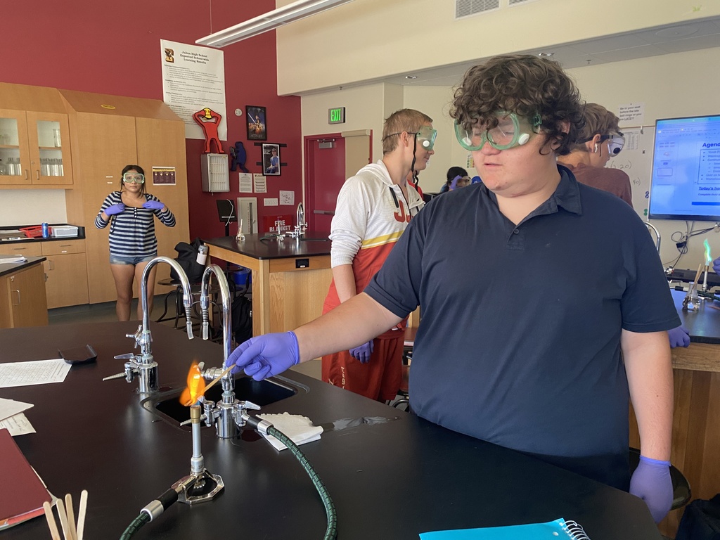 A chemistry student holds a wooden stick in the flame of a bunsen burner.