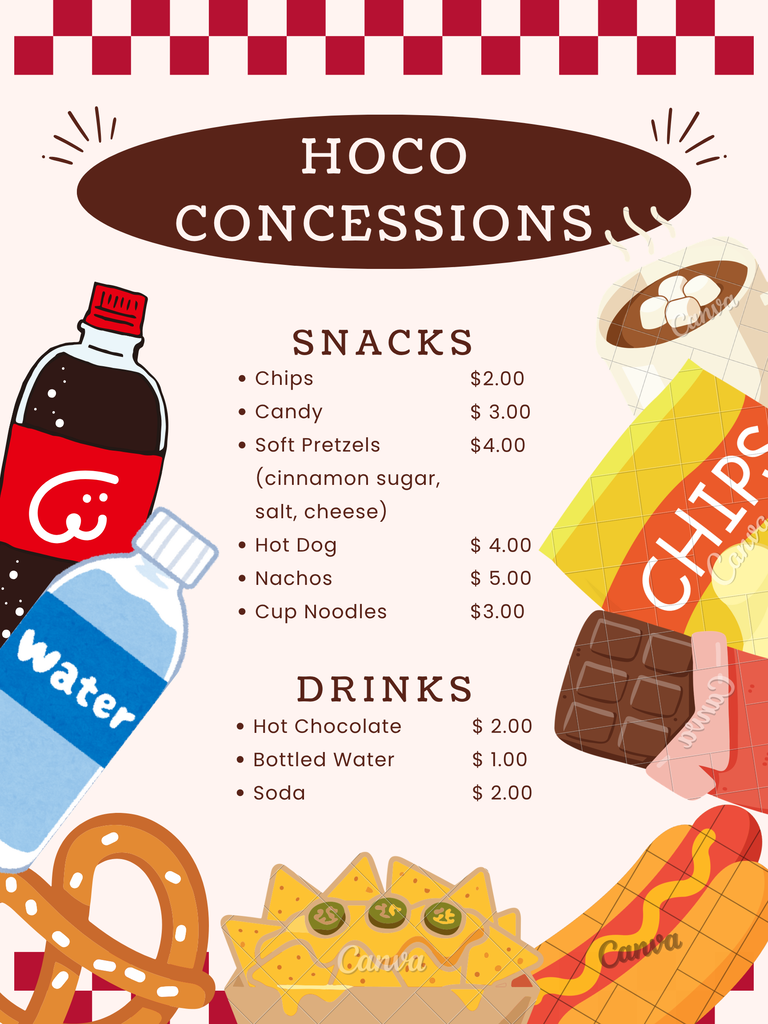 A menu shows items including chips, pretzels, hot dog, nachos, and cup noodles. Drinks include hot chocolate, bottled water, and soda.