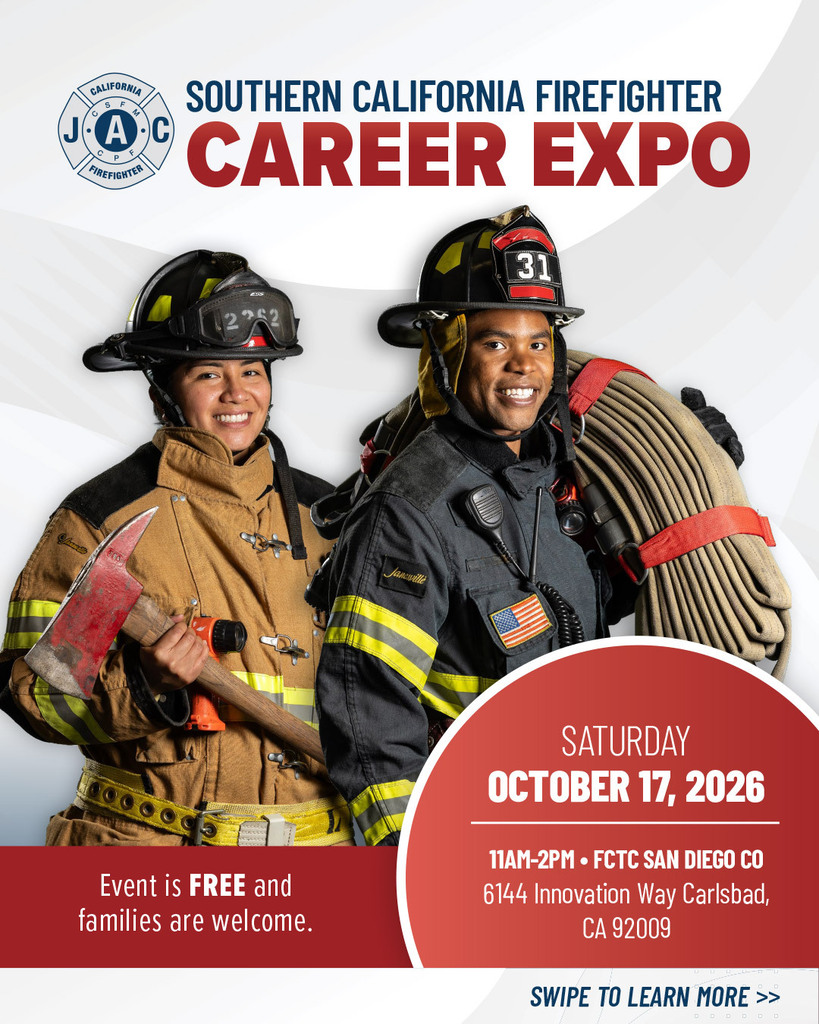 Flyer showing two fire fighters, inviting students and families to attend a fire career expo on Saturday, October 17th 2026.