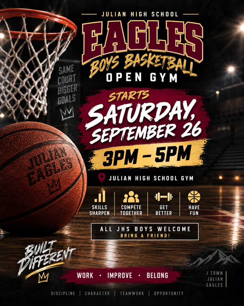 Julian High School Eagles Boys Basketball Open Gym flyer in maroon, gold, and black, with a basketball and hoop. Open gym is Saturday, September 26, from 3–5 p.m. at the Julian High School gym. All JHS boys are welcome and encouraged to bring a friend.