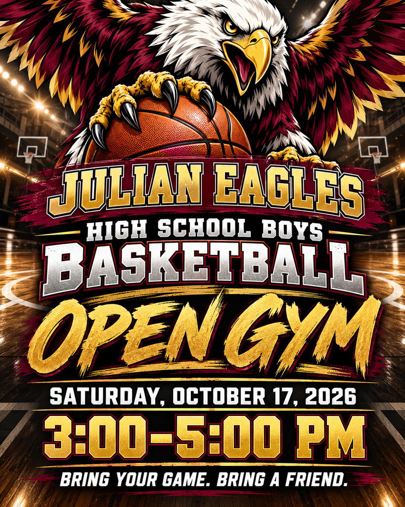 🏀🦅 CALLING ALL HIGH SCHOOL BOYS! The court is calling! Join us for Julian Eagles basketball open gym—get your shots up, sharpen your skills, and enjoy some friendly competition. 📅 Saturday, October 17 ⏰ 3:00–5:00 PM Grab a friend and come ready to hoop! 🔥 #JulianEagles #BoysBasketball #OpenGym