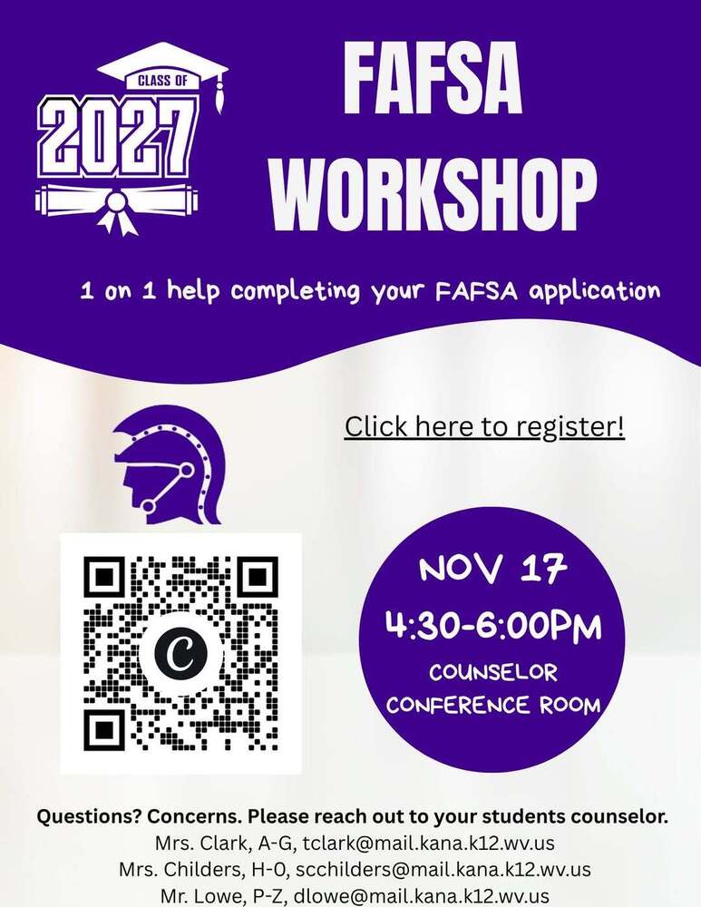 ad for FAFSA Workshop at RHS on Nov 17