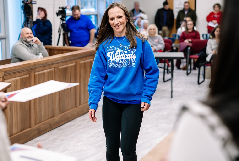 Overbrook elementary teacher, brooke bias, being recognized as the outstanding teacher from her school for the first nine-weeks.