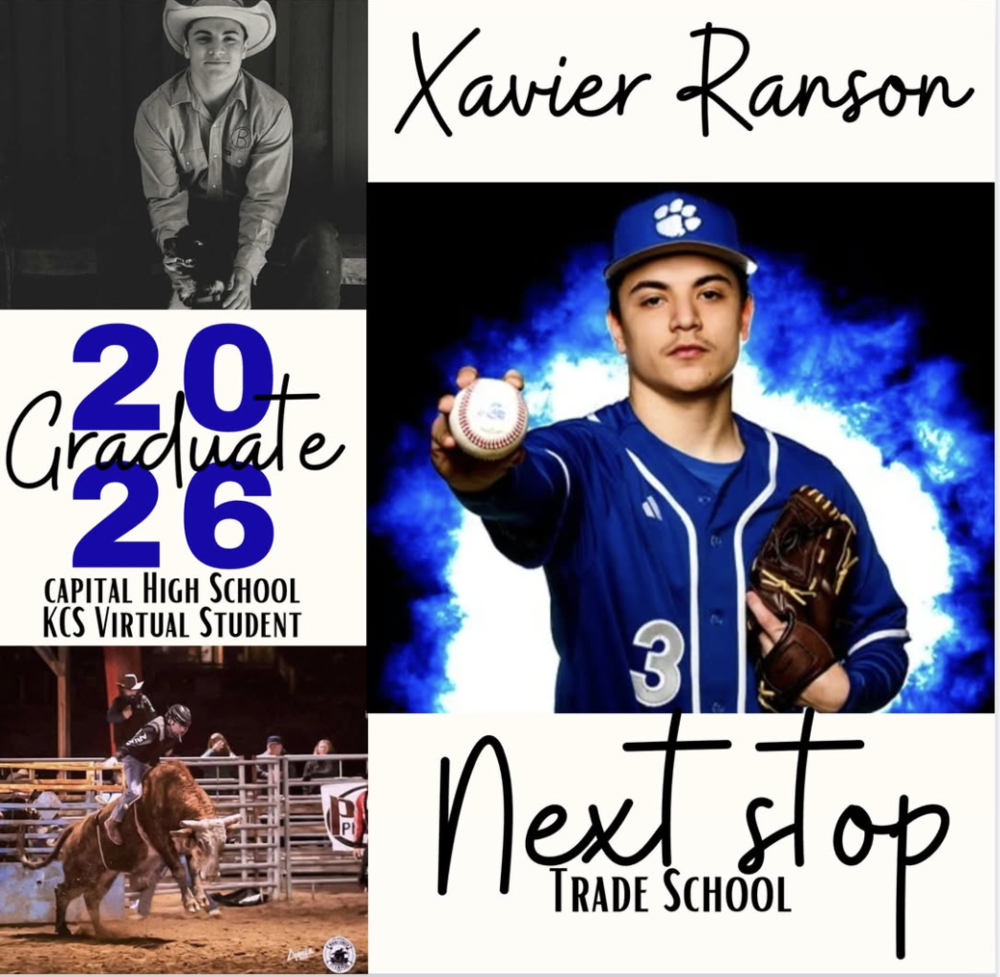Photo collage of Xavier Ranson with text "2026 Graduate Capital High School KCS Virtual" and "Net Stop: Trade School"