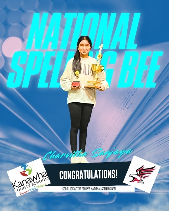 Congratulations! A photo of Charvitha Sanjaya holding her state spelling bee trophy