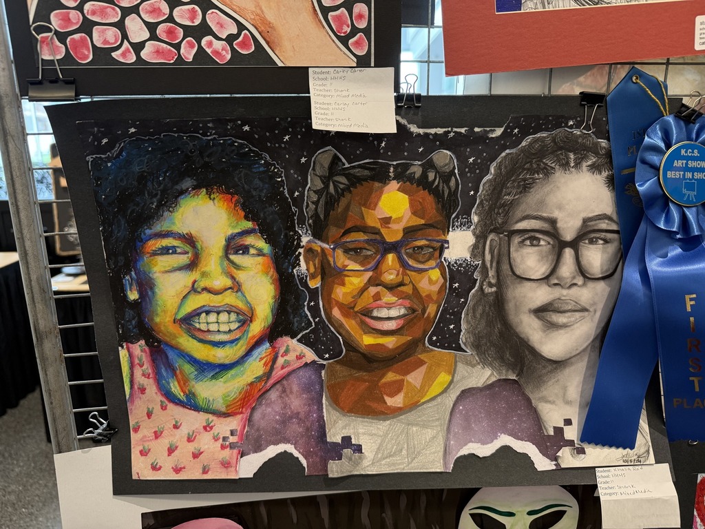 colorful drawing of three people that won first place in the mixed media category.