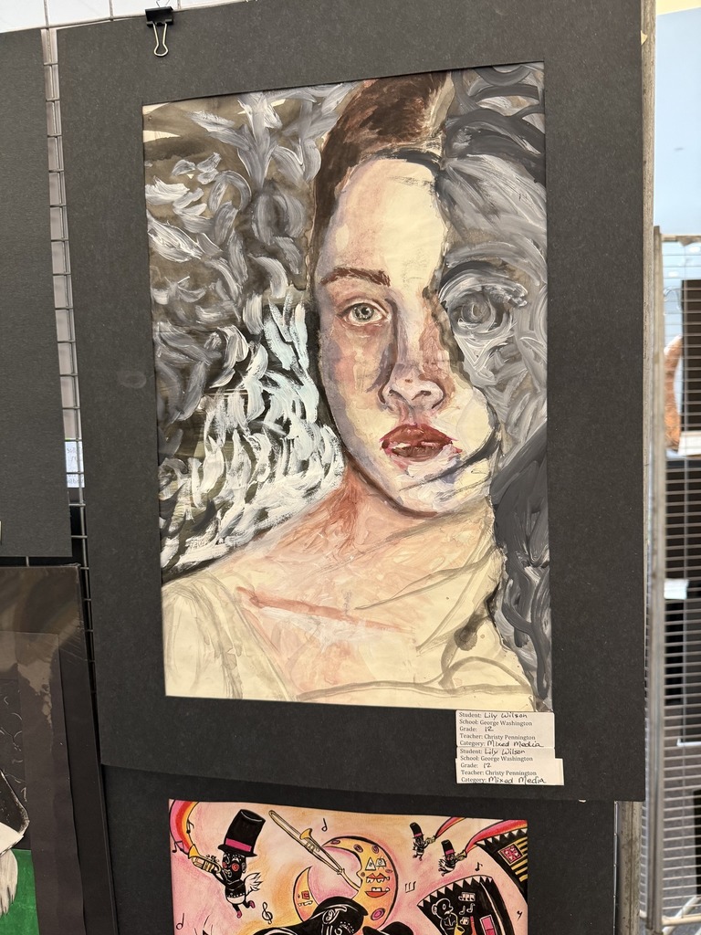 art work of a woman with different styles of painting used on her face.