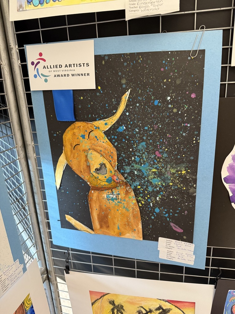 painting of a dog shaking off after getting wet with colorful paint splatters representing the water coming off the dog.