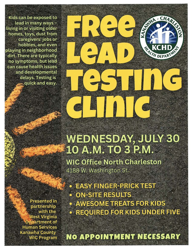 free lead testing clinic wednesday, july 30th at the WIC office in North Charleston from 10am to 3pm.