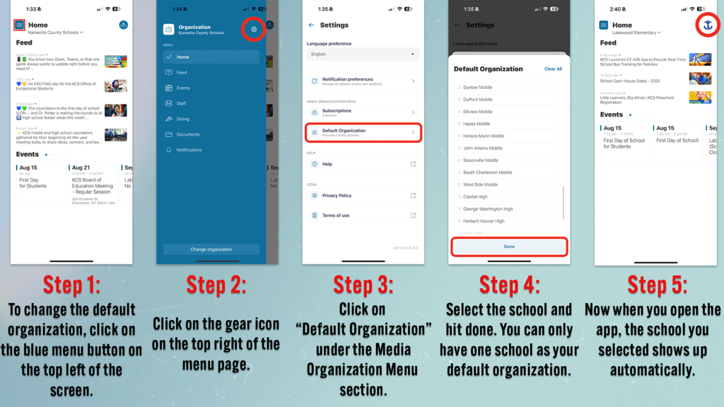 to set your default organization in the app, click on the gear icon located on the top right of the menu page