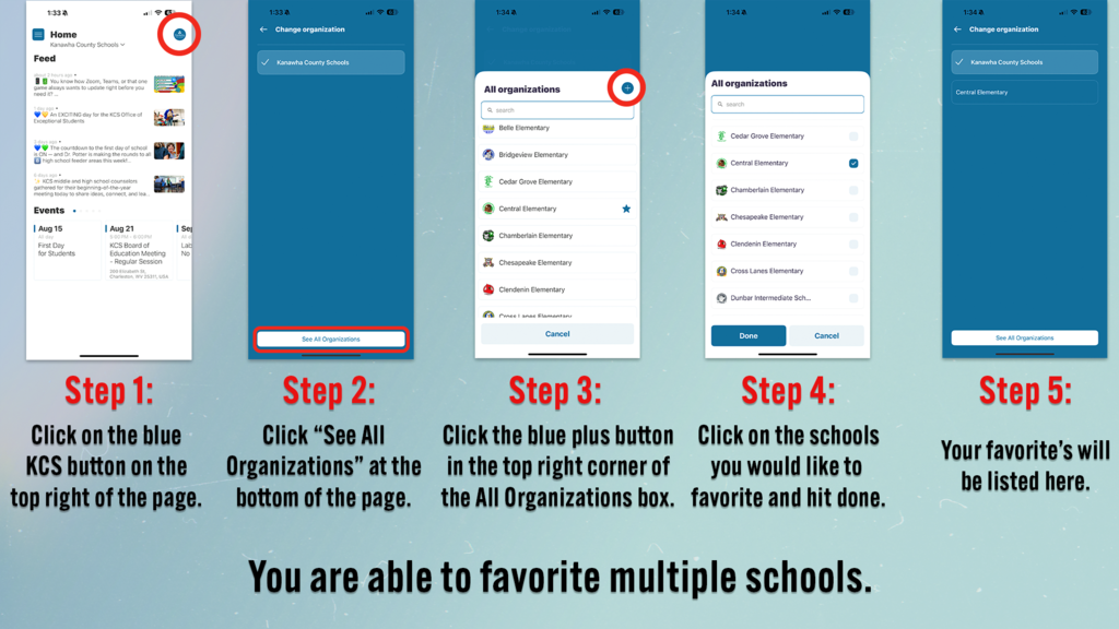 You are able to favorite multiple schools in the app so you can move back and forth between schools easily.