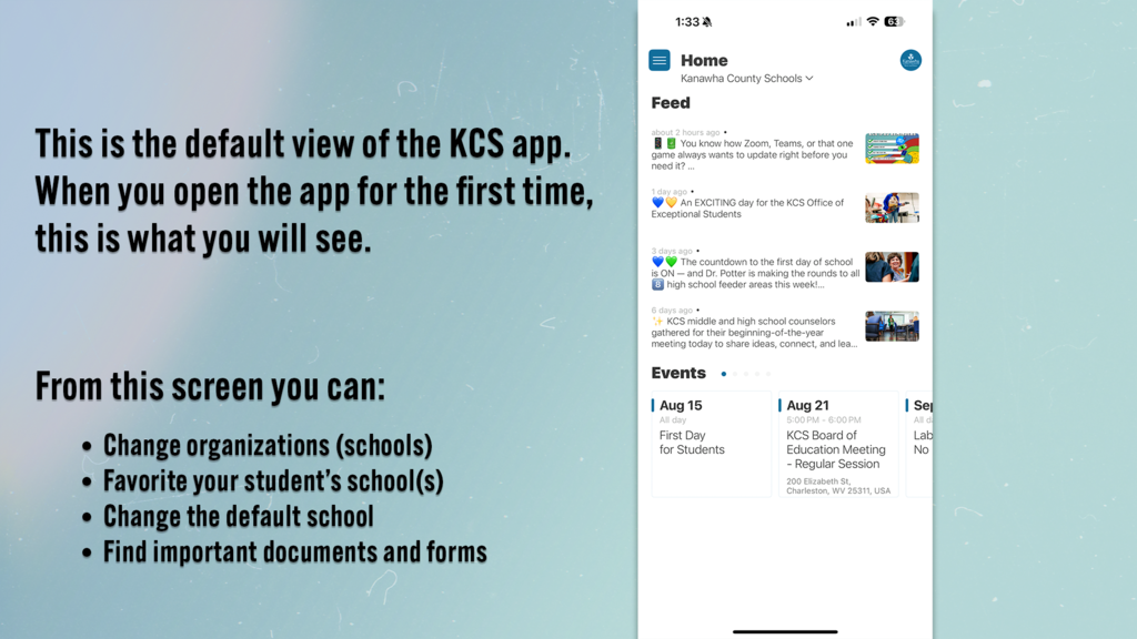 On the home screen of the KCS app you can change schools, favorite schools, change the default school, and find important documents.