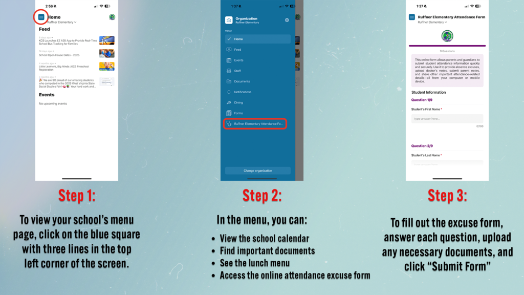 to find the app menu, click on the blue box with three white lines in the top left corner of the screen.