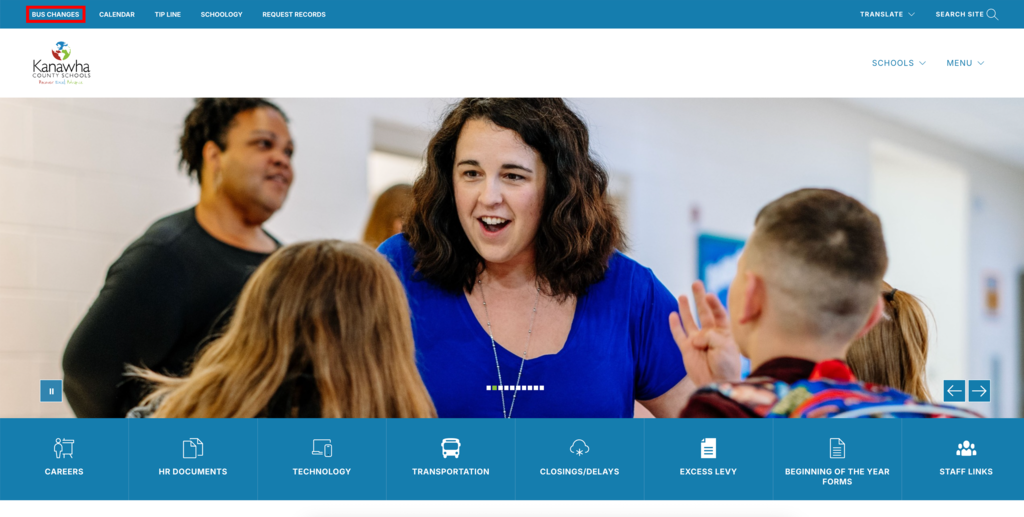 picture showing the new bus changes tab on the kcs website which is located on the top right of the homepage.