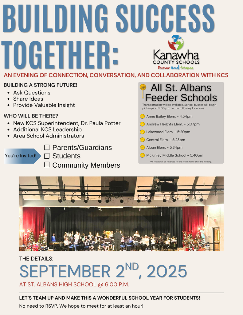 st. albans feeder area town hall meeting with kcs superintendent paula potter is tuesday, 9/2 at 6:00pm at st. albans high school.