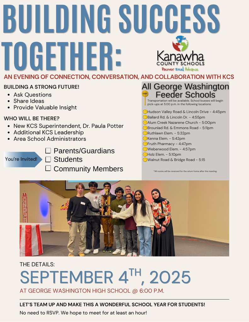 george washington feeder area town hall meeting with kcs superintendent paula potter is thursday, september 4th at 6:00 pm at george washington high school.