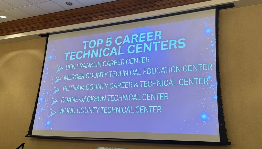 a screen showing the top 5 career and technical centers in west virginia with ben franklin being recognized as the top career center in the state. 