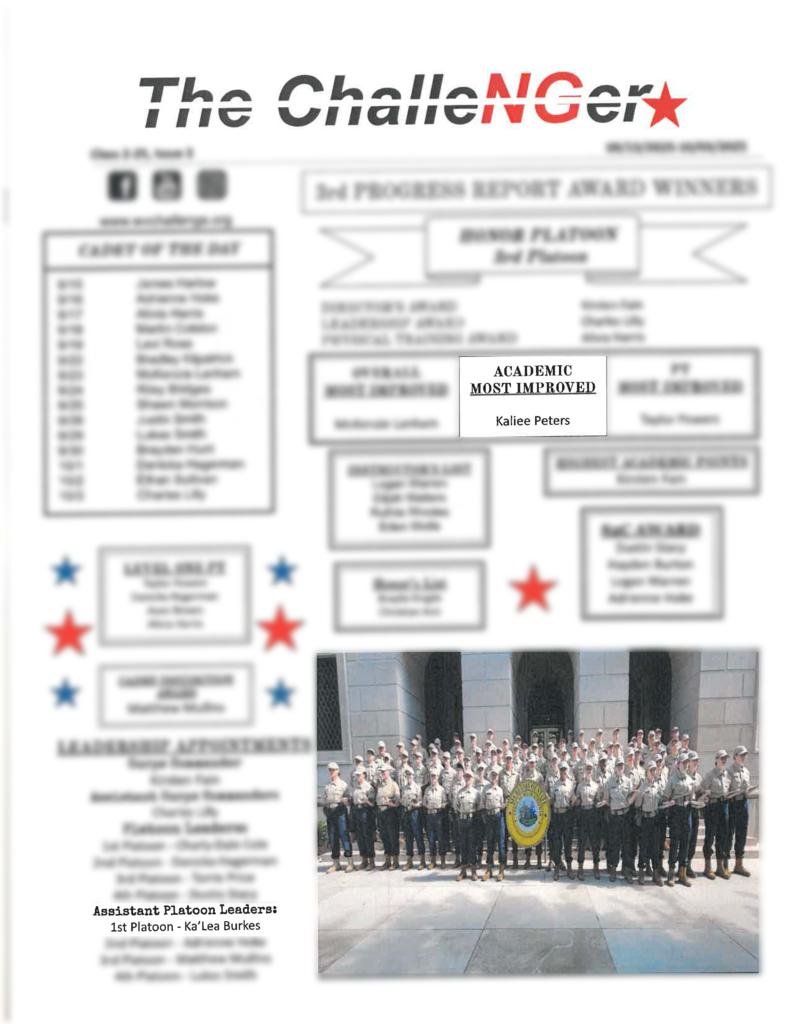 Mountaineer challenge academy newsletter showing kailee peters winning the award for most improved cadet academically and cadet Ka'lea burkes being named assistant platoon leader of 1st platoon.