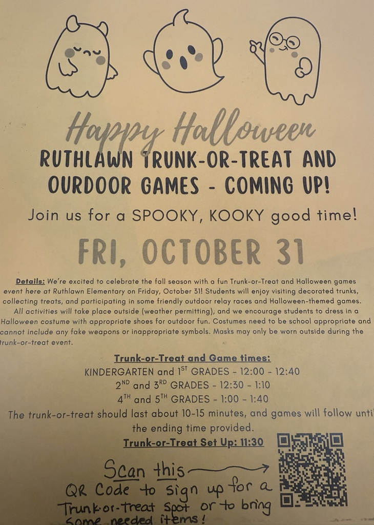 This image shows information and times about our school’s Trunk-or-Treat event on Oct 31