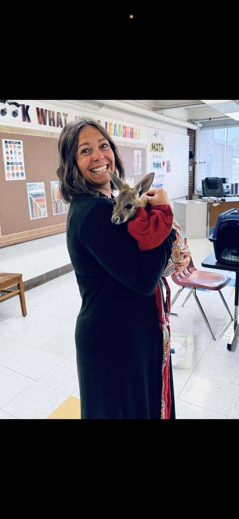 a cross lanes elementary teacher holding a baby kangaroo.