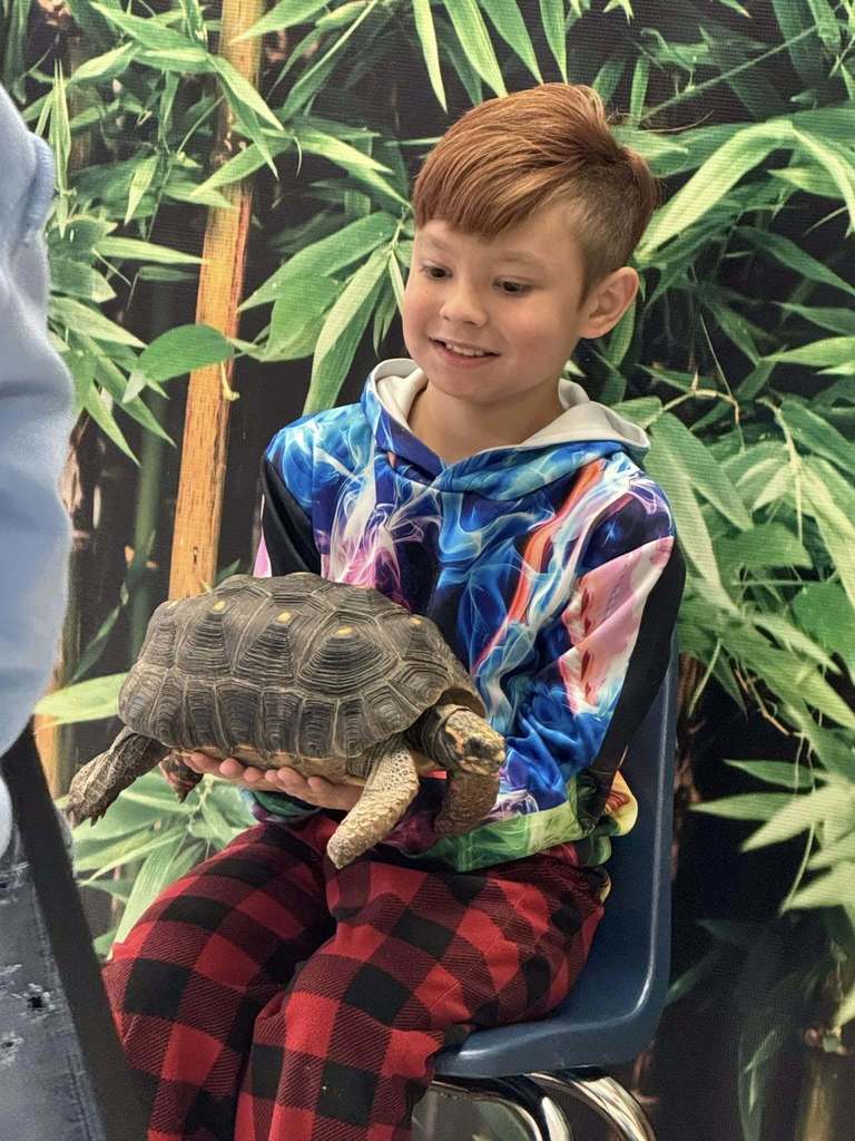 a young student holding a turtle.