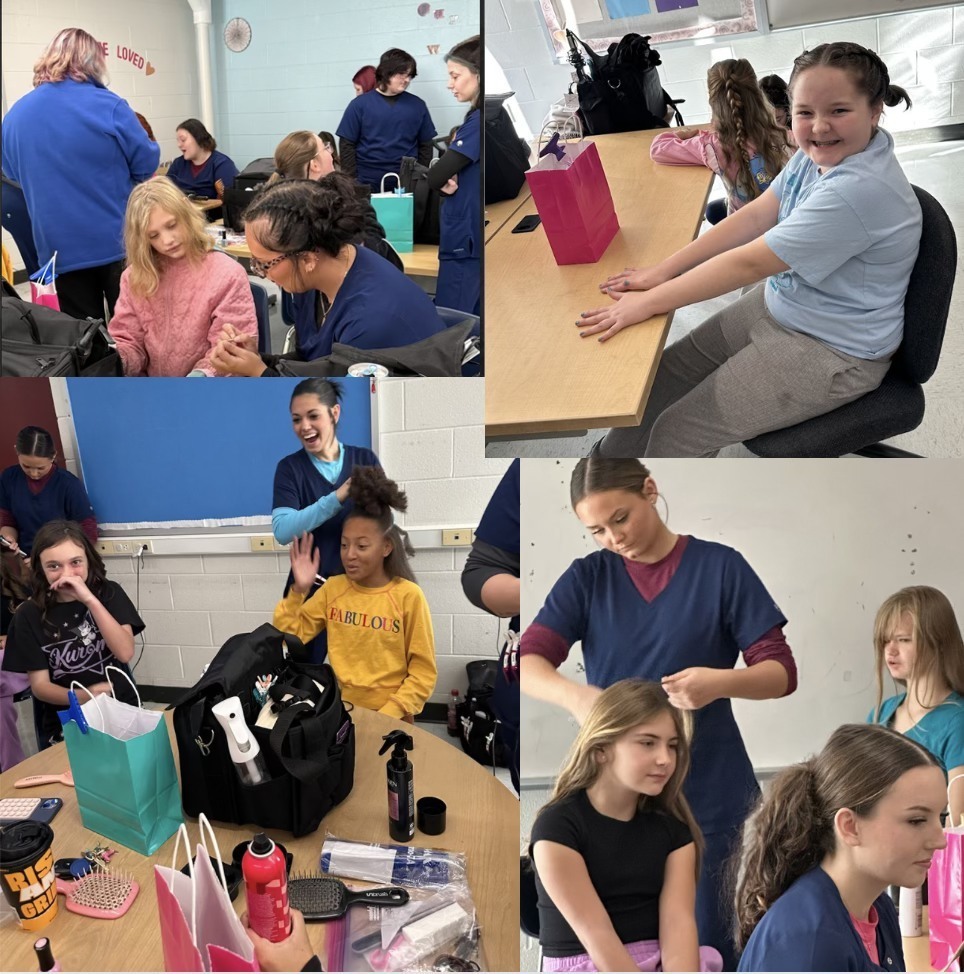 carver career center students styling 4th and 5th grade girls hair at Anne Bailey Elementary.