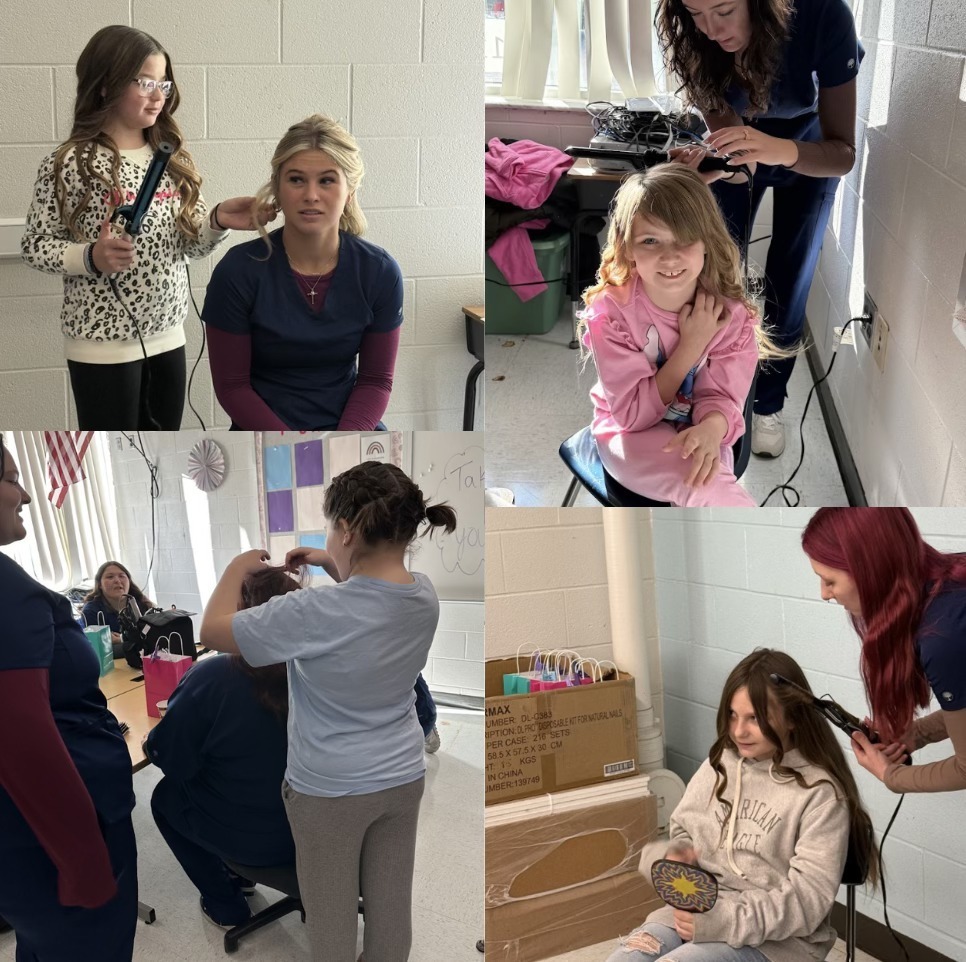 carver career center students styling 4th and 5th grade girls hair at Anne Bailey Elementary.
