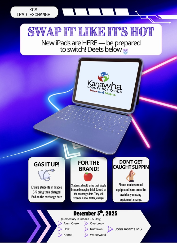 a flyer with iPad swap information provided with pics of iPad and schools with a date