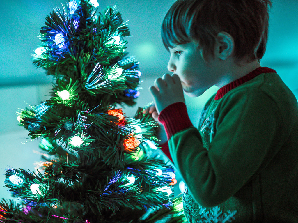 A student standing in front of a christmas tree looking at the lights on the tree.