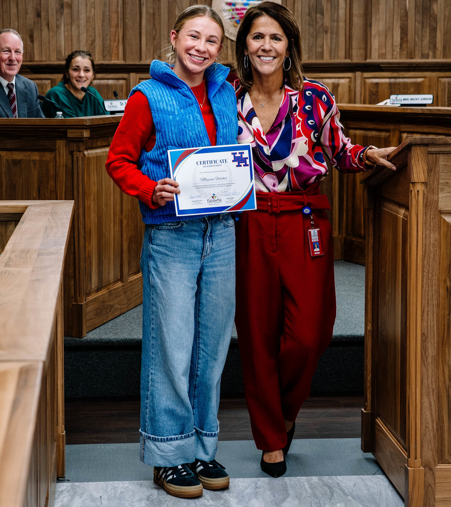Maysen Fletcher and KCS Superintendent Dr. Paula Potter posing together for a picture.