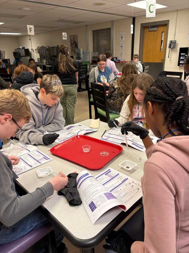A room full of students working on an experiment at starbase. There are four students closest to the camera, and they are all using droppers to put liquid onto another substance.