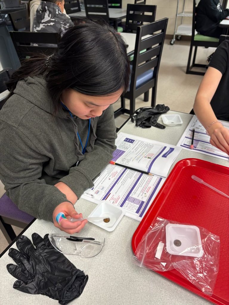 A student is using a dropper to put liquid onto another substance that is sitting on the bottom of the plastic bowl. Black lab gloves and lab instructions are to the left of the student.