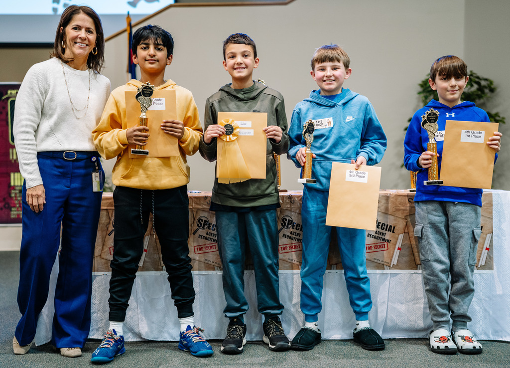2026 KCS 4th Grade math field day winners. From left to right - KCS Superintendent, Dr. Paula Potter, Vivaan Haricharan (2nd Place) Holz Elementary, Grayson Lodge (Alternate) St. Francis, Tate Bock (3rd Place) Weberwood Elementary, Leo Goffreda (1st Place) Point Harmony Elementary.