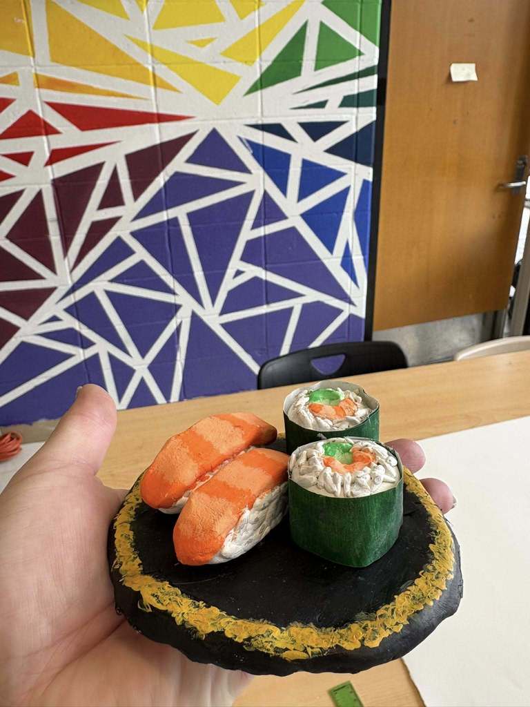 A sculpture made to resemble sushi. 