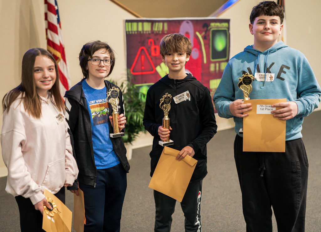KCS Math Field Day Winners, 7th Grade, from left to right - Alternate, Madison Leport, Charleston Catholic - 3rd Place, Reed Pell, Elkview Middle - 2nd Place, Charlie Davis, John Adams - 1st Place, Collin Gertz, DuPont Middle..