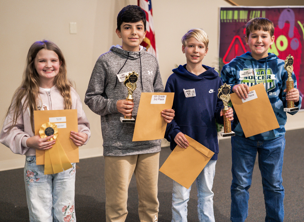 KCS Math Field Day Winners, 6th Grade, from left to right - Alternate, Juliana Fields, Dunbar Middle - 3rd Place, Ian Alhamwi, Charleston Catholic - 2nd Place, Simon Hale, Horace Mann - 1st Place, Evan Cumberledge, Cross Lanes Christian.